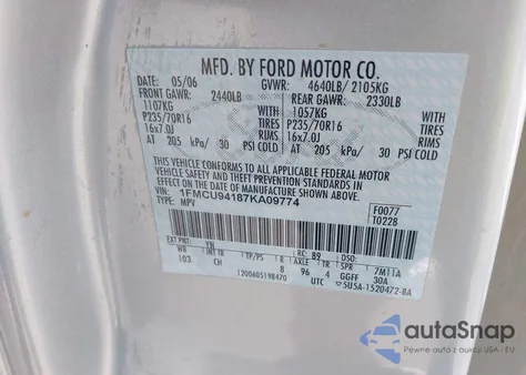2007 Ford Escape Limited from USA, damaged, VIN 1FMCU94187KA09774